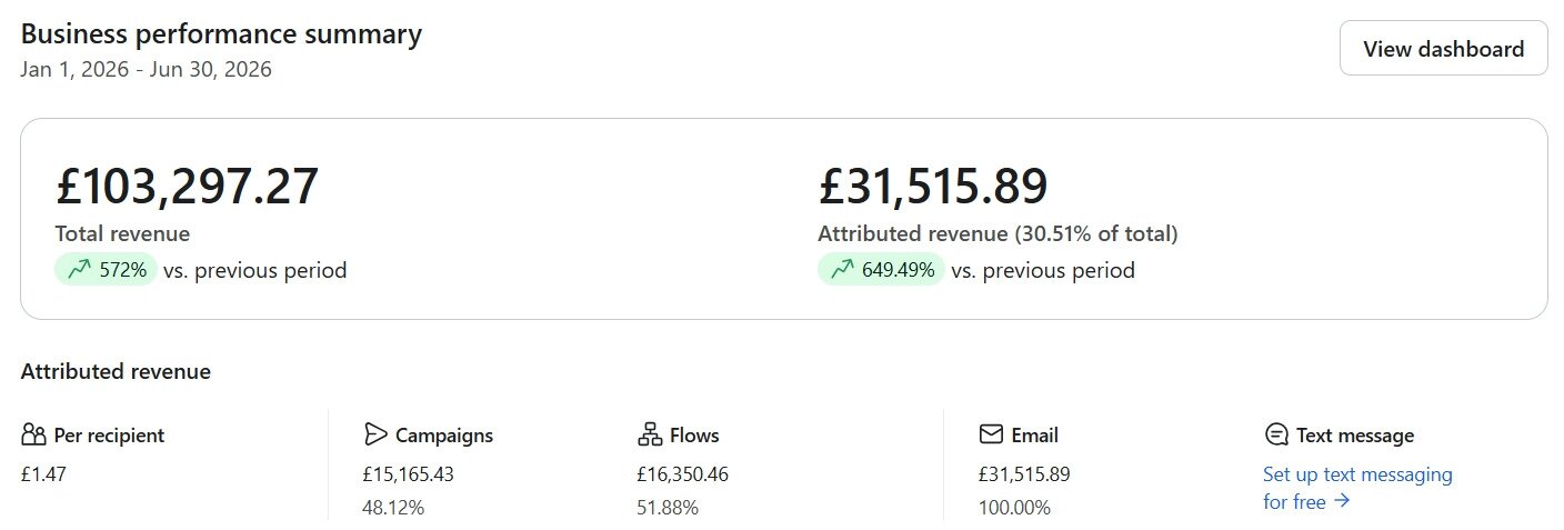 Klaviyo business performance summary for Leo's, engagement period after state: £103,297.27 total revenue, £31,515.89 attributed revenue, 30.51% attribution