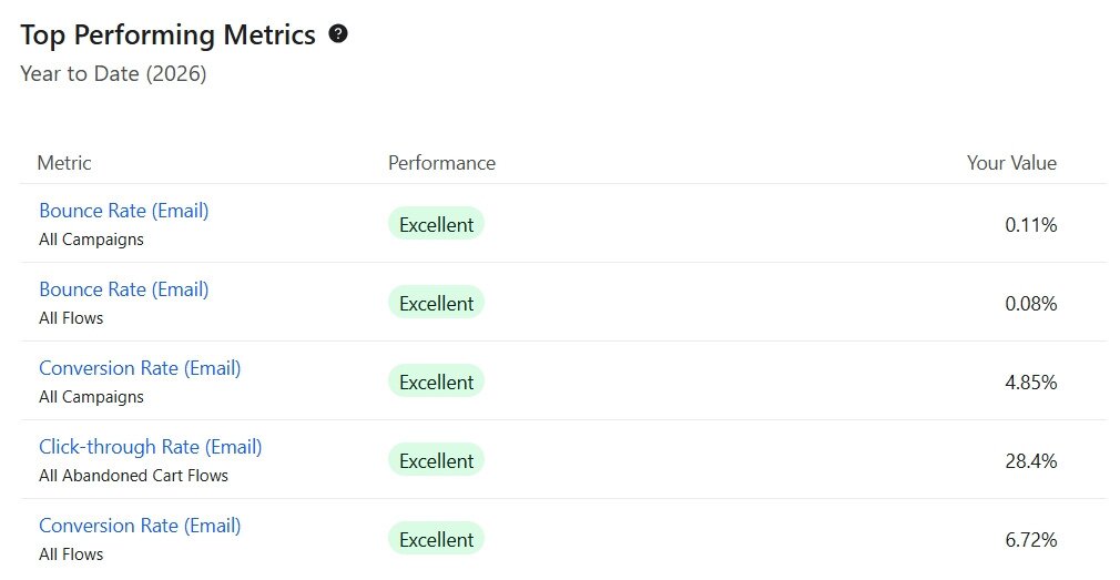 Klaviyo Top Performing Metrics benchmark table for Leo's: 6.72% flow conversion rate, 28.4% abandoned cart click through, bounce rates under 0.11%, all rated Excellent