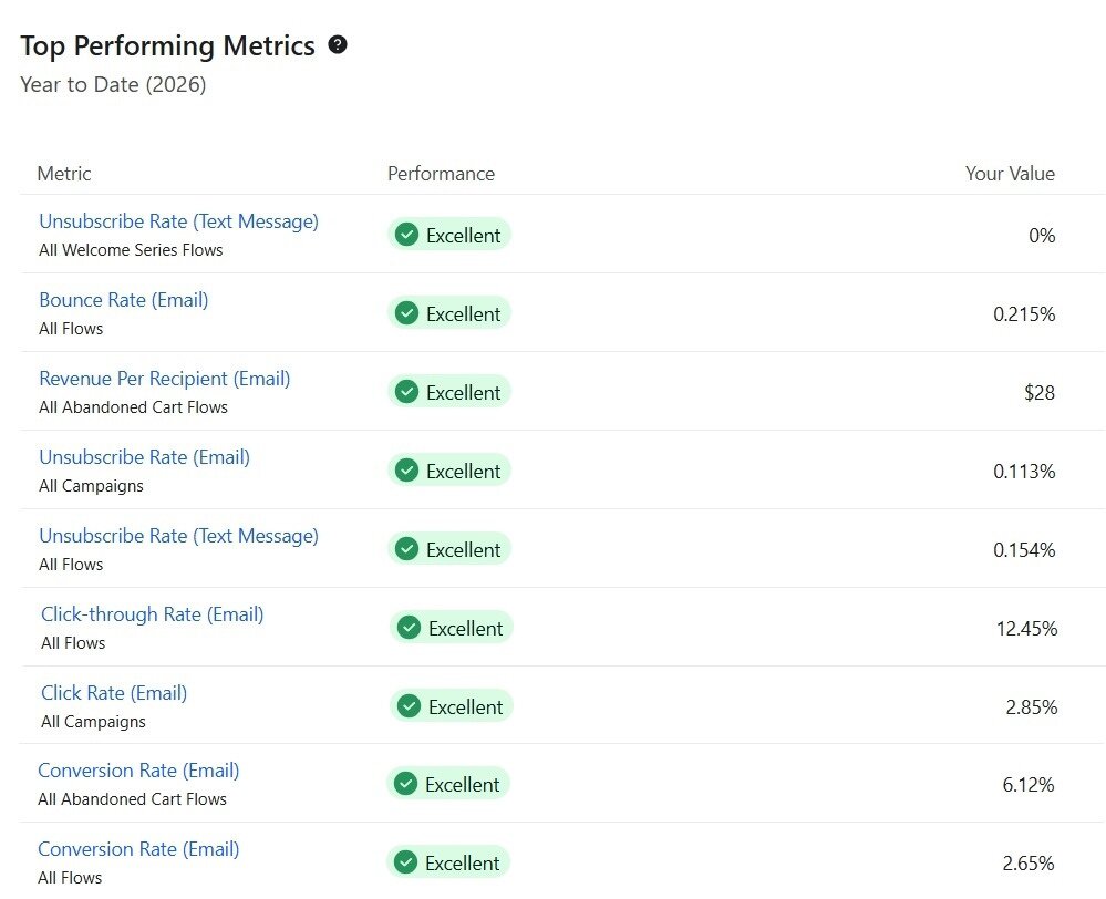Klaviyo Top Performing Metrics benchmark table for Southeast Softwash: 12.45% flow click-through rate, 0.215% bounce rate, 6.12% abandoned cart conversion rate, all rated Excellent